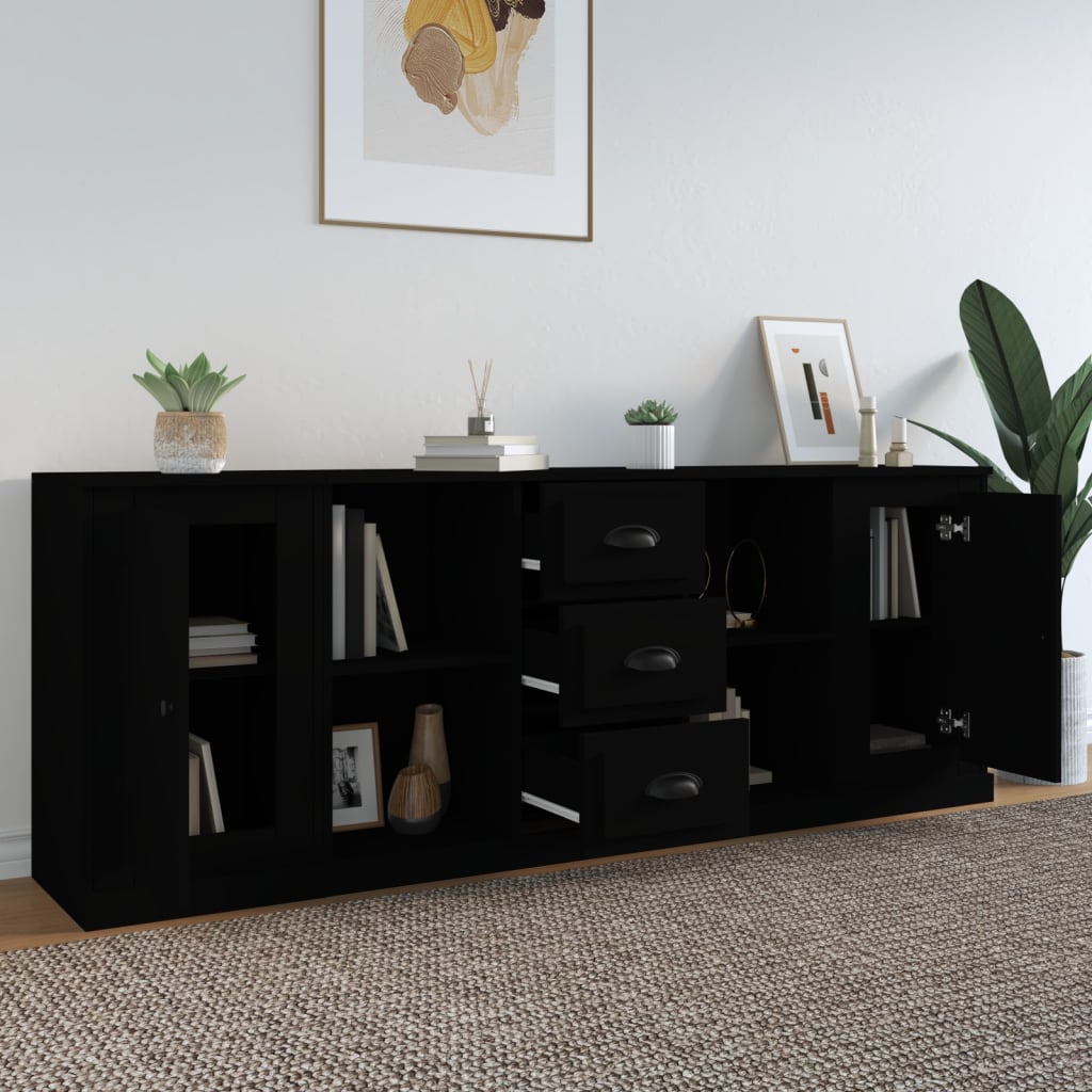 vidaXL Commodes 3 pcs Noir Bois d'ingénierie
