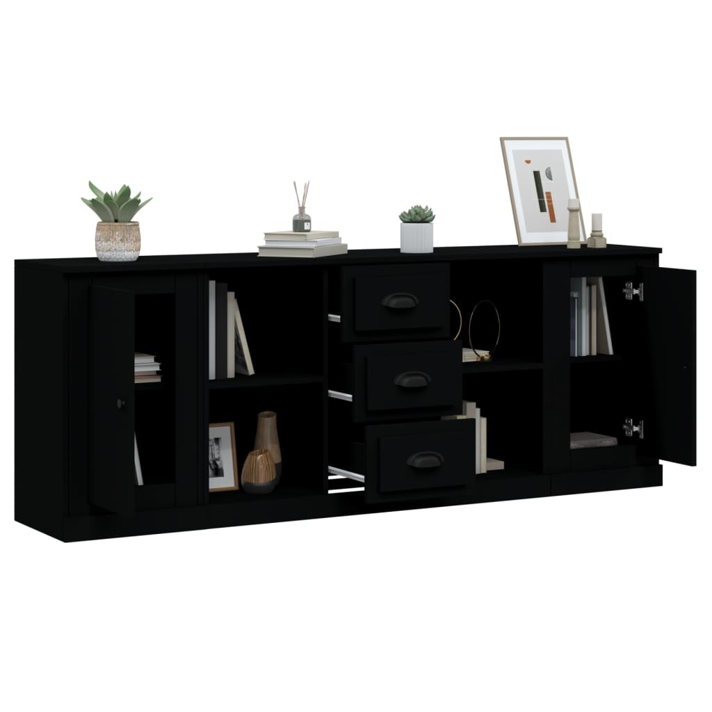vidaXL Commodes 3 pcs Noir Bois d'ingénierie