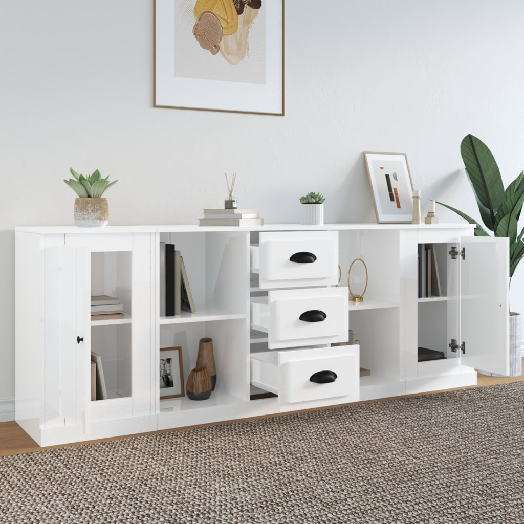 vidaXL Buffets 3 pcs Blanc brillant Bois d'ingénierie