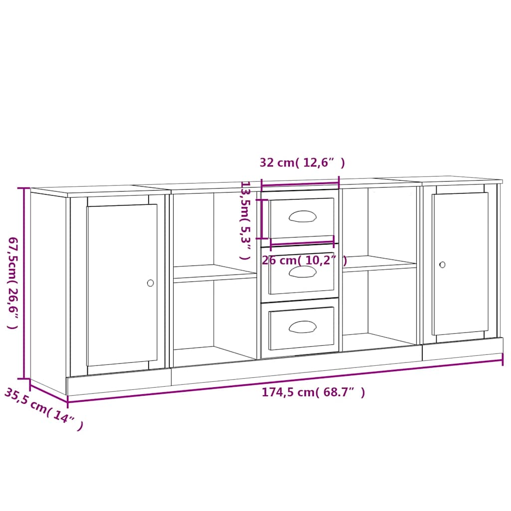 vidaXL Sideboards 3 Stk. Betongrau Holzwerkstoff