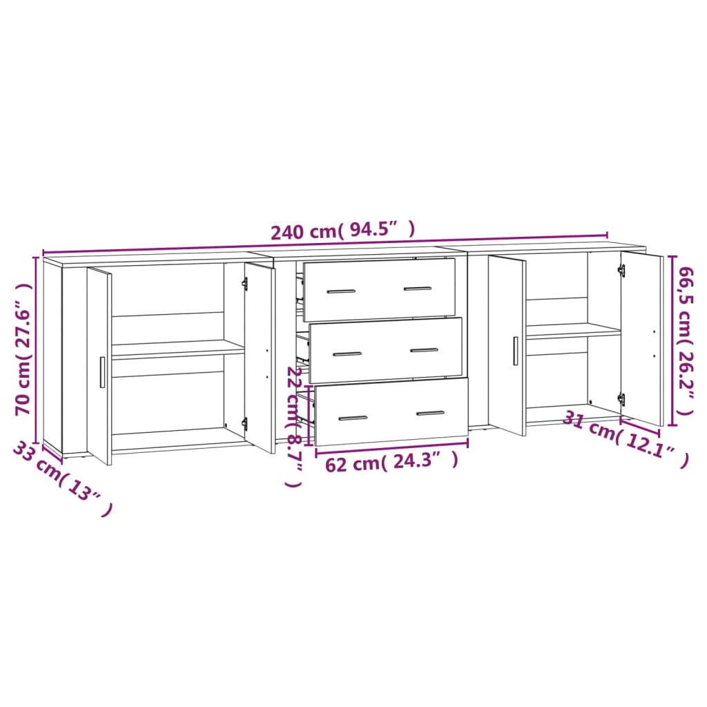 vidaXL Commodes 3 pcs Gris béton Bois d'ingénierie