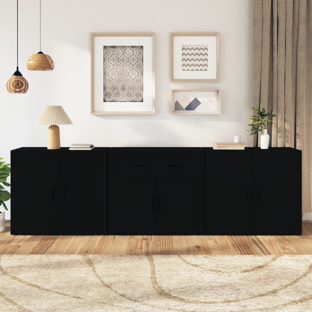 vidaXL Commodes 3 pcs Noir Bois d'ingénierie