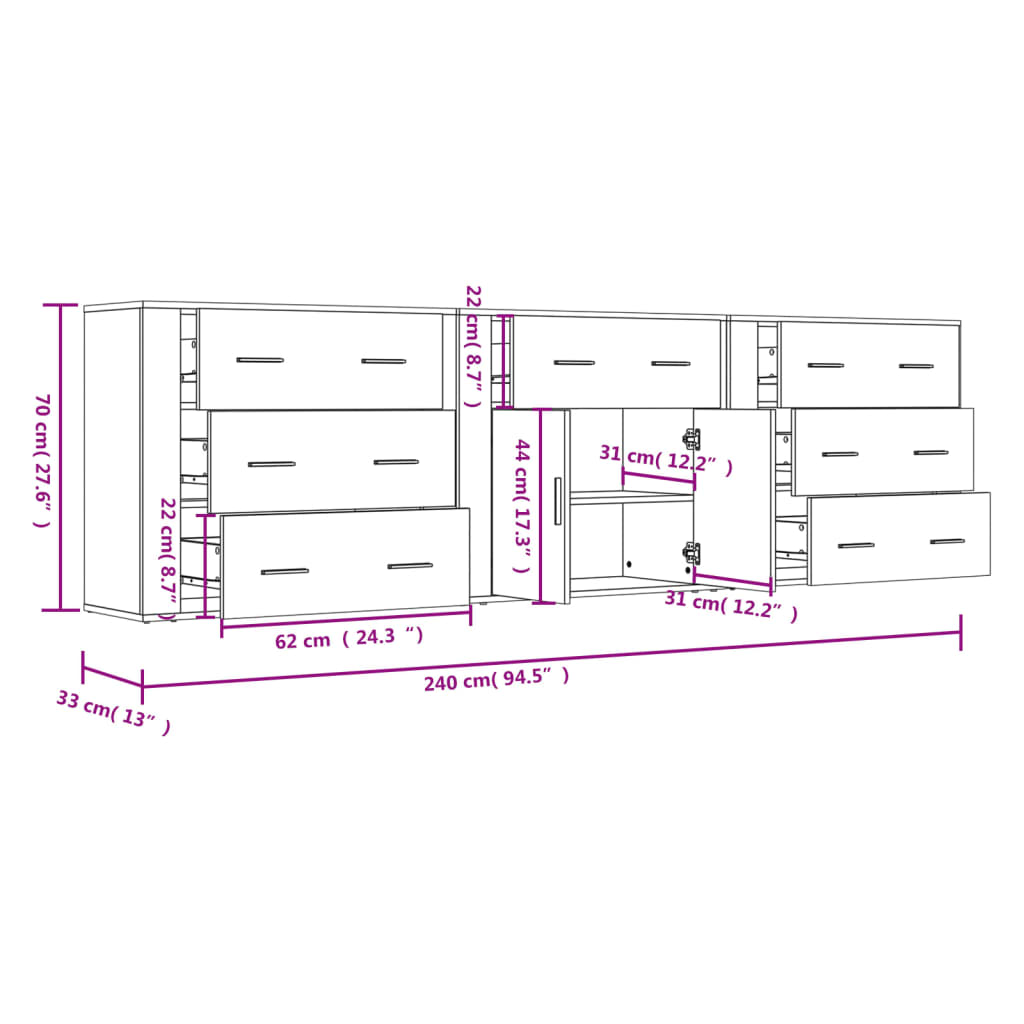 vidaXL Enfilades 3 pcs Blanc Bois d'ingénierie