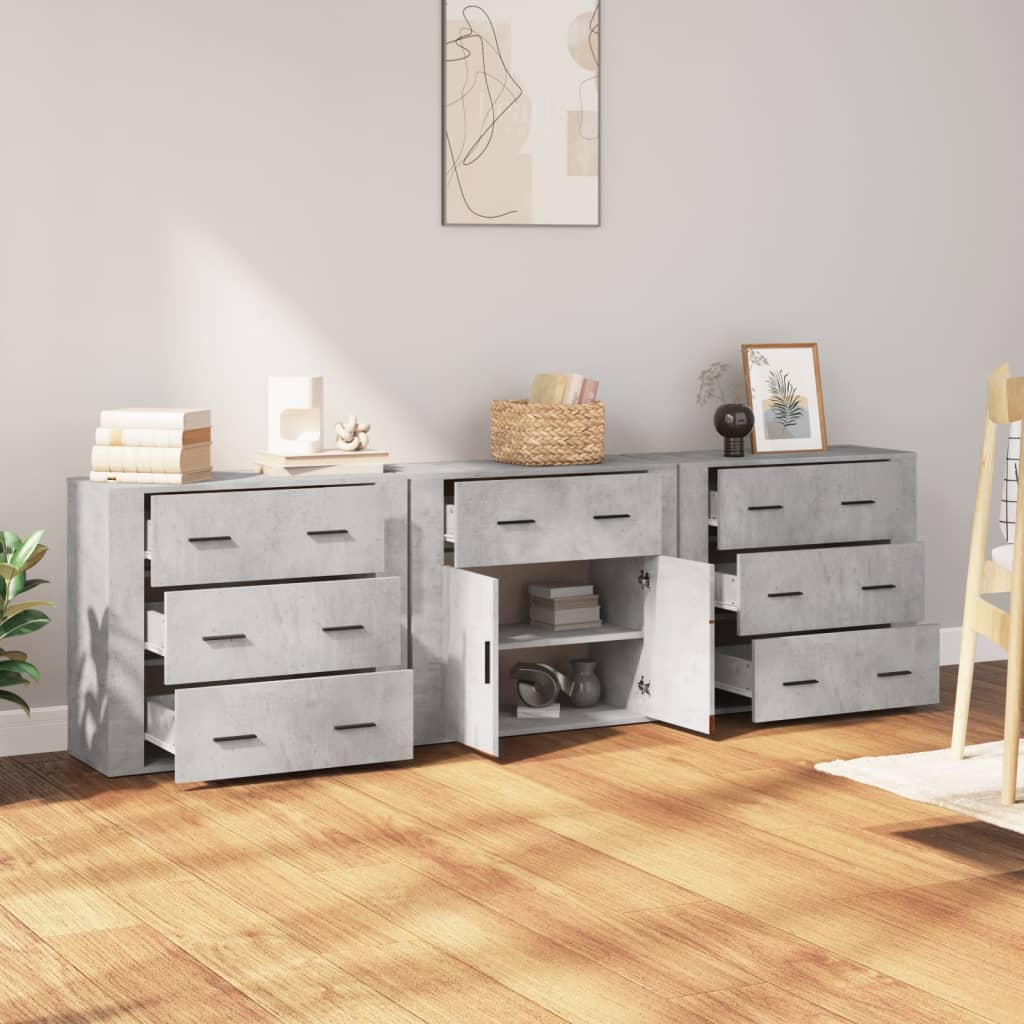 vidaXL Commodes 3 pcs Gris béton Bois d'ingénierie
