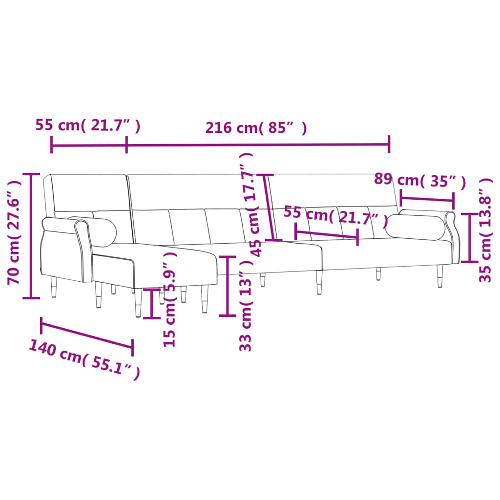 vidaXL Schlafsofa in L-Form Dunkelgrau 271x140x70 cm Samt