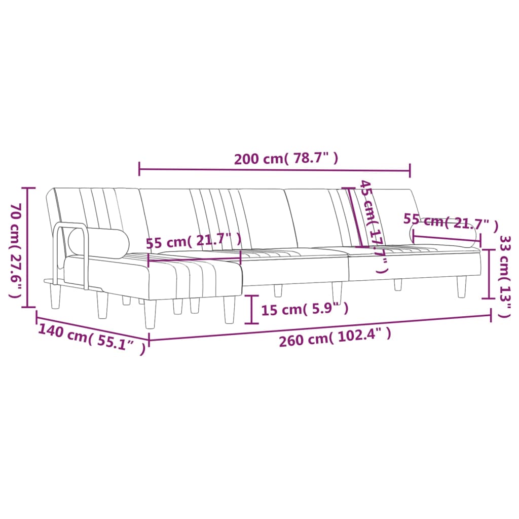 vidaXL Schlafsofa in L-Form Schwarz 260x140x70 cm Samt