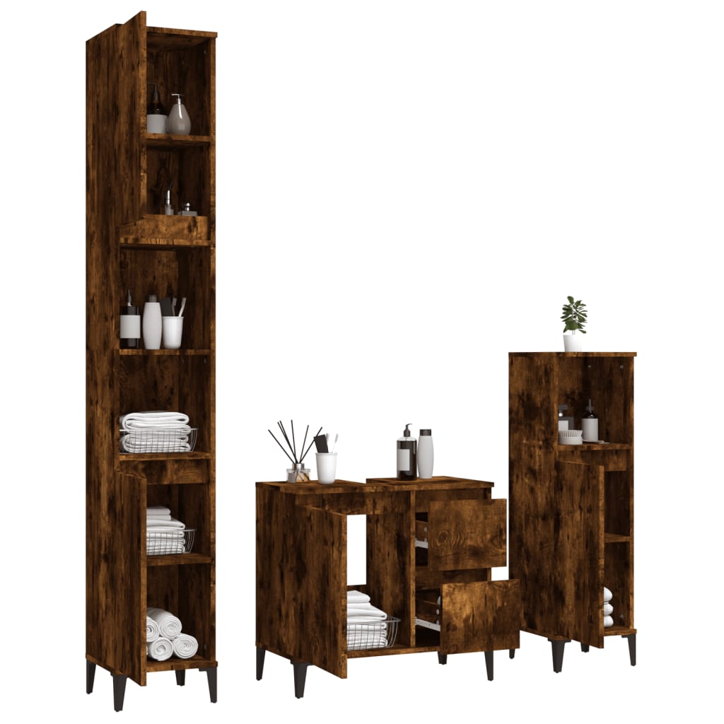 vidaXL 3-tlg. Badmöbel-Set Räuchereiche Holzwerkstoff