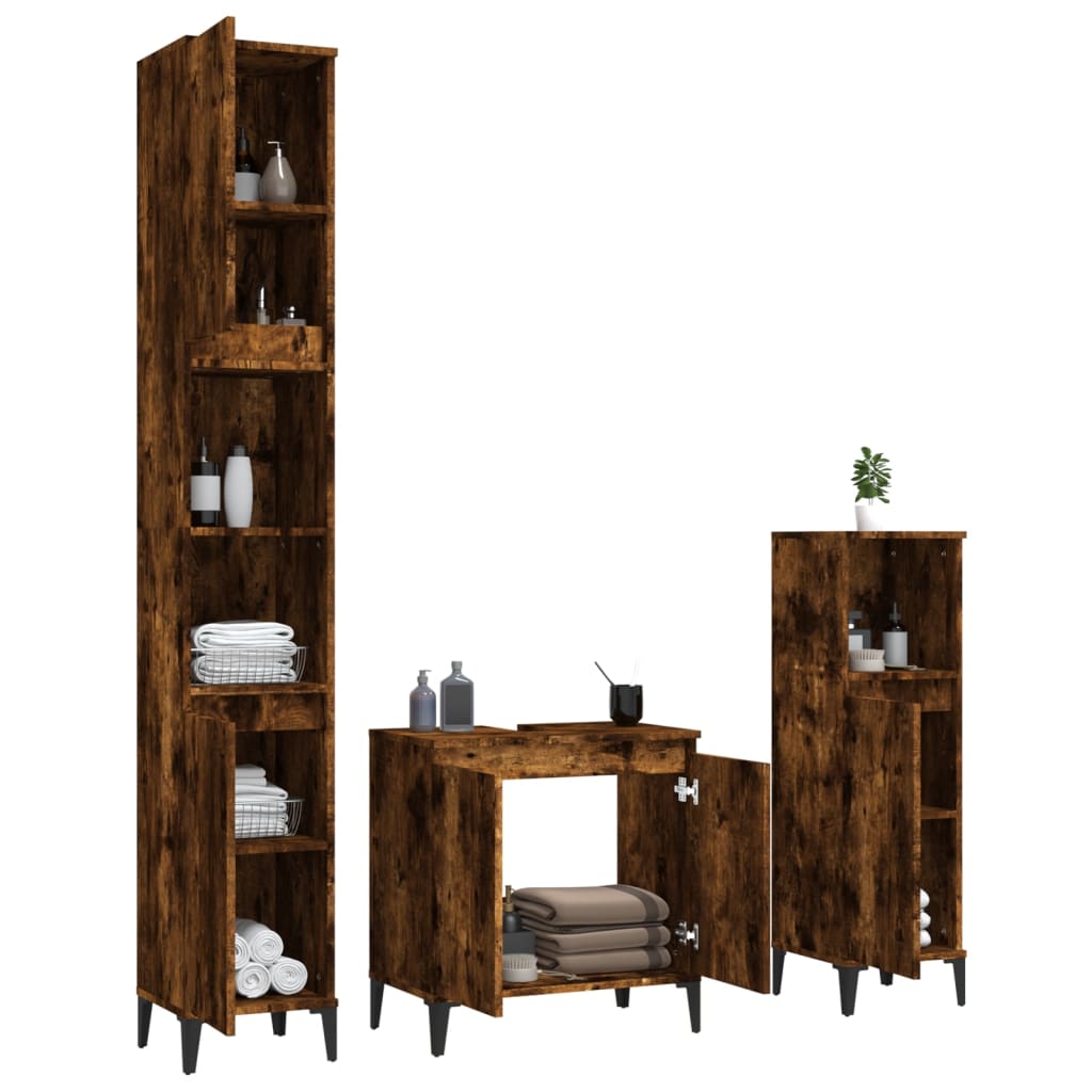 vidaXL 3-tlg. Badmöbel-Set Räuchereiche Holzwerkstoff