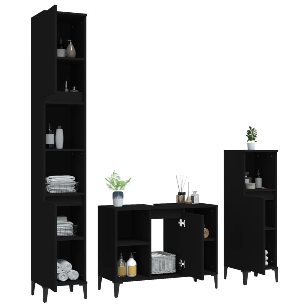 vidaXL Ensemble de meubles de salle de bain 3 pcs Noir Bois d'ingénierie