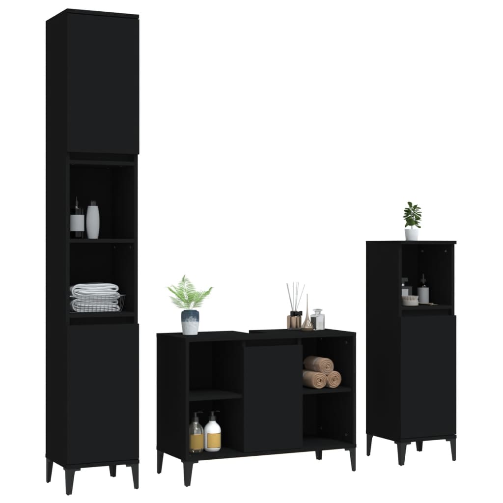 vidaXL Ensemble de meubles de salle de bain 3 pcs Noir Bois d'ingénierie