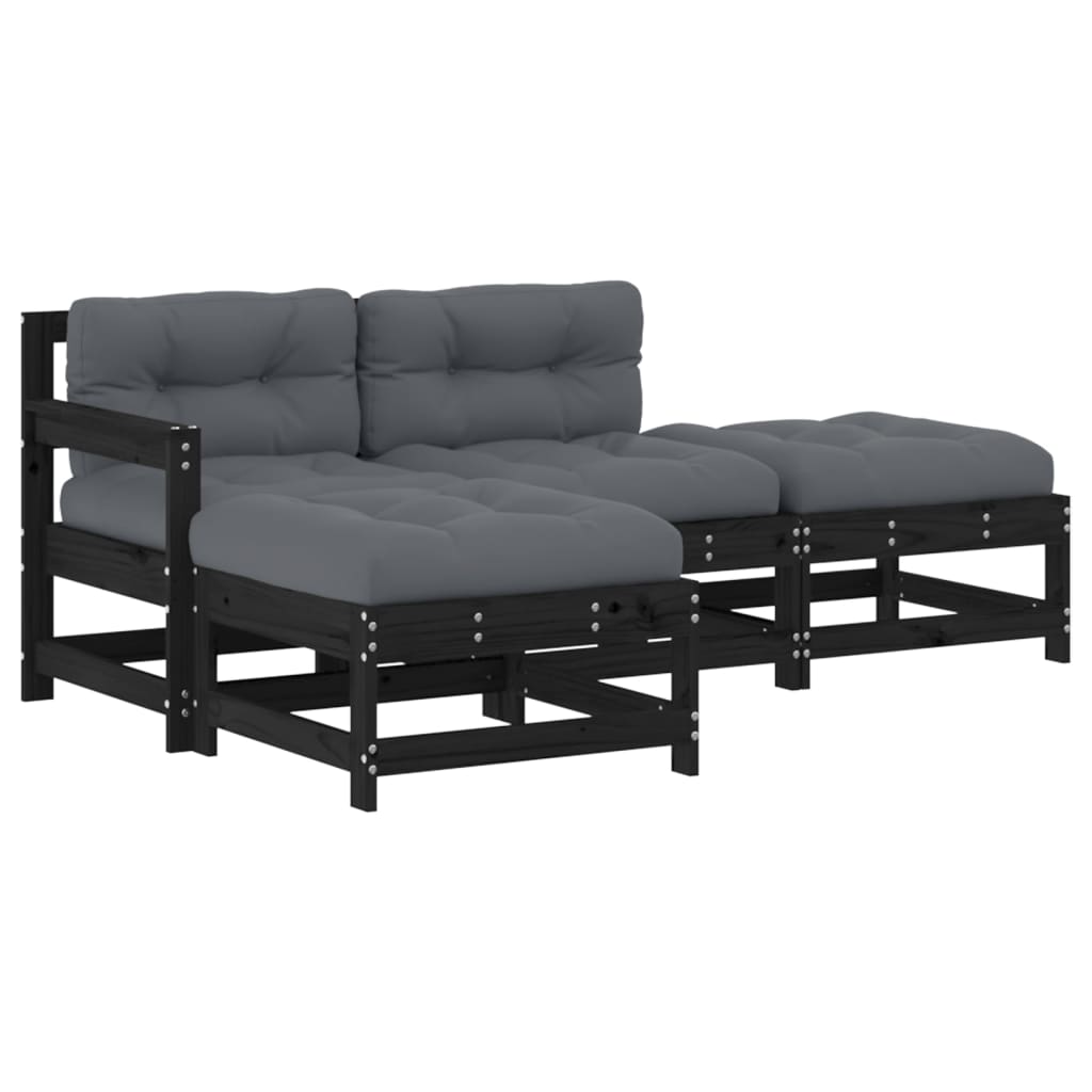 vidaXL Salon de jardin 4 pcs avec coussins Noir Bois massif