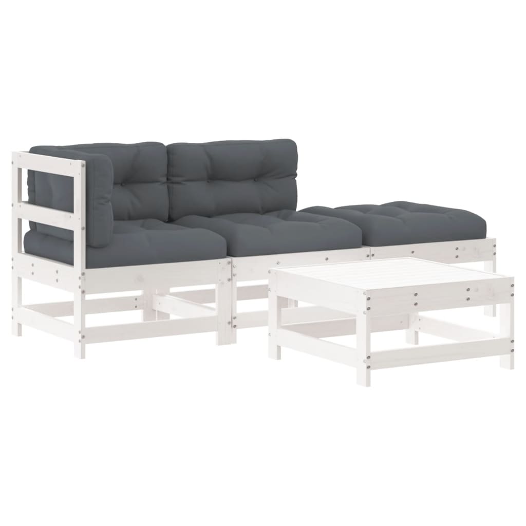 vidaXL Salon de jardin 4 pièces avec coussins Bois massif Blanc