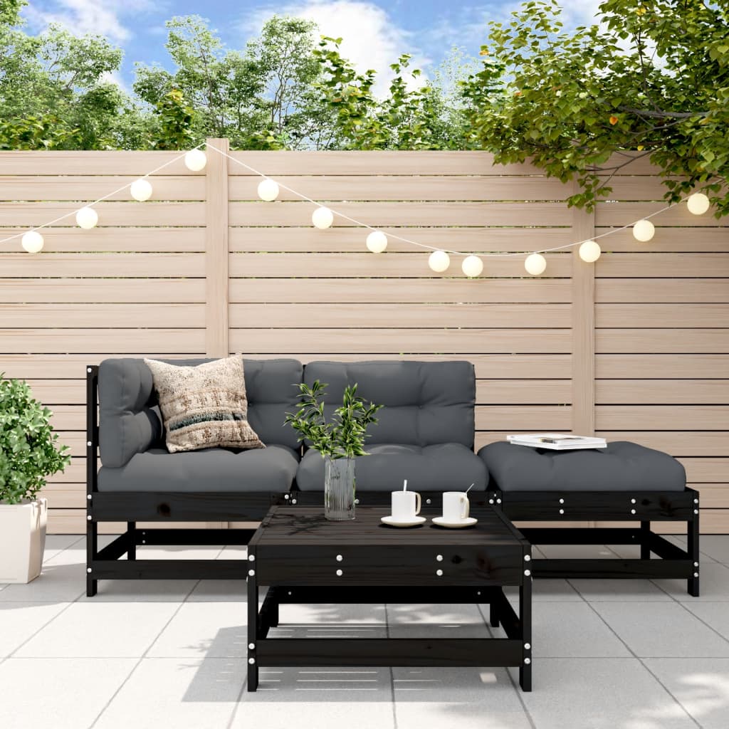 vidaXL Salon de jardin 4 pcs avec coussins Noir Bois massif