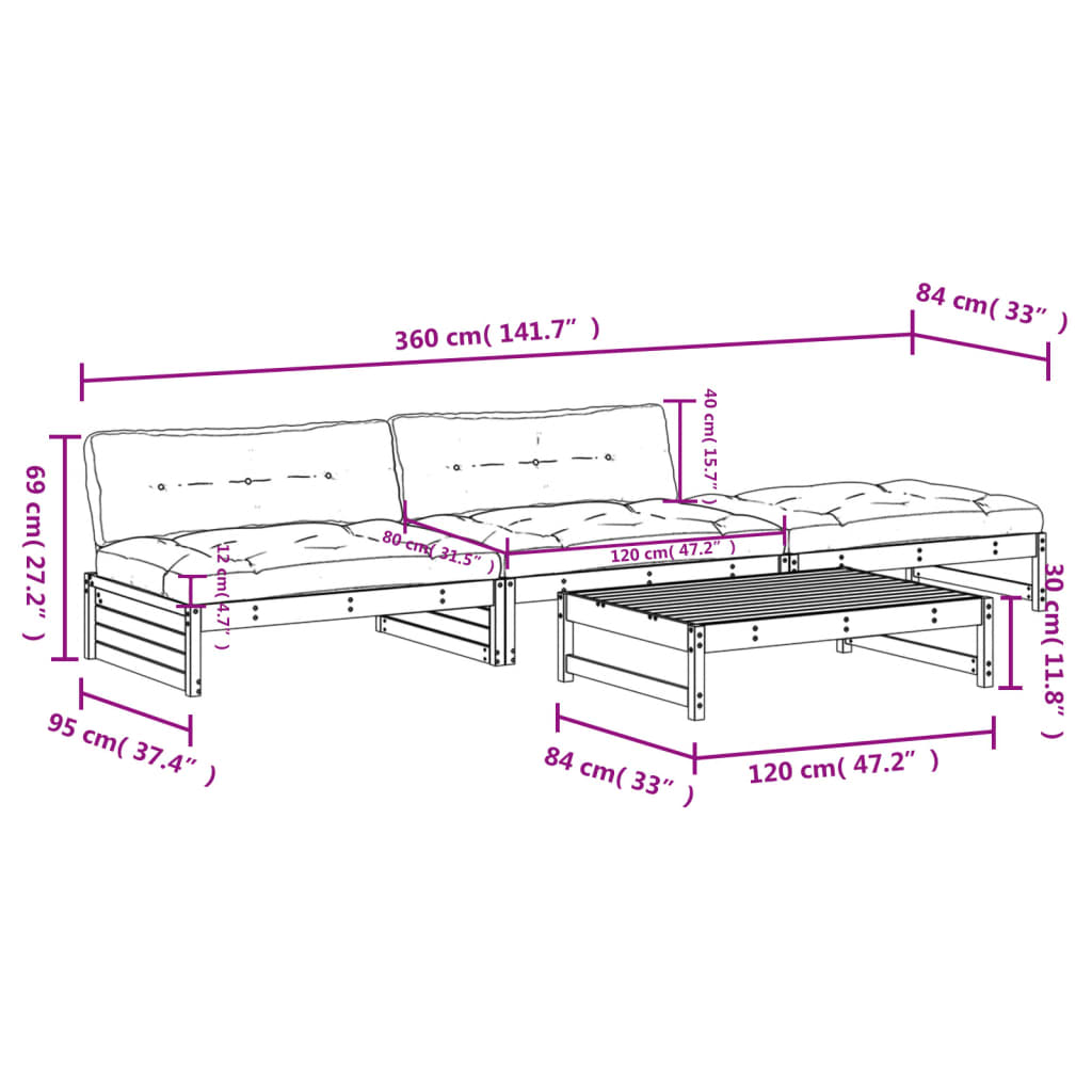 vidaXL Salon de jardin 4 pcs avec coussins Bois massif