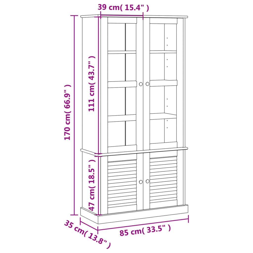 vidaXL Vitrine VIGO 85x35x170 cm Massivholz Kiefer