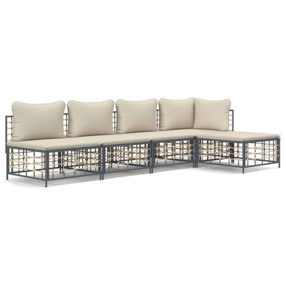 vidaXL 5-tlg. Garten-Lounge-Set mit Kissen Anthrazit Poly Rattan
