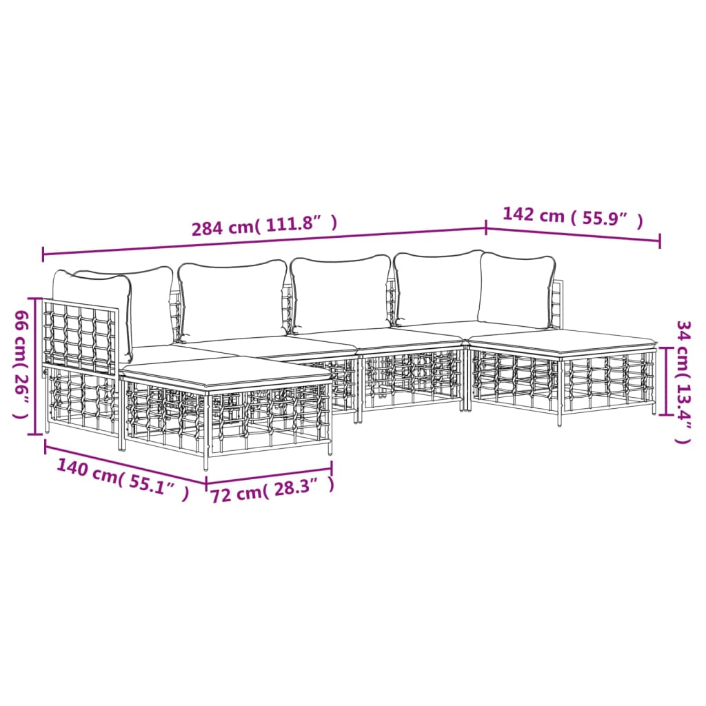 vidaXL 6-tlg. Garten-Lounge-Set mit Kissen Anthrazit Poly Rattan