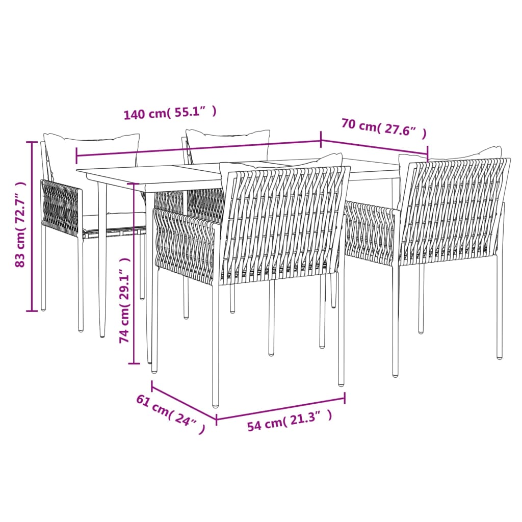 vidaXL 5-tlg. Garten-Essgruppe mit Kissen Poly Rattan und Stahl
