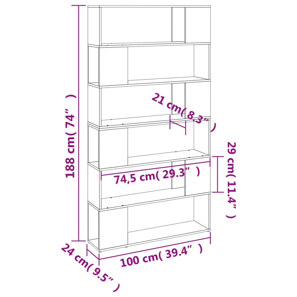 vidaXL Bücherregal/Raumteiler Grau Sonoma 100x24x188 cm