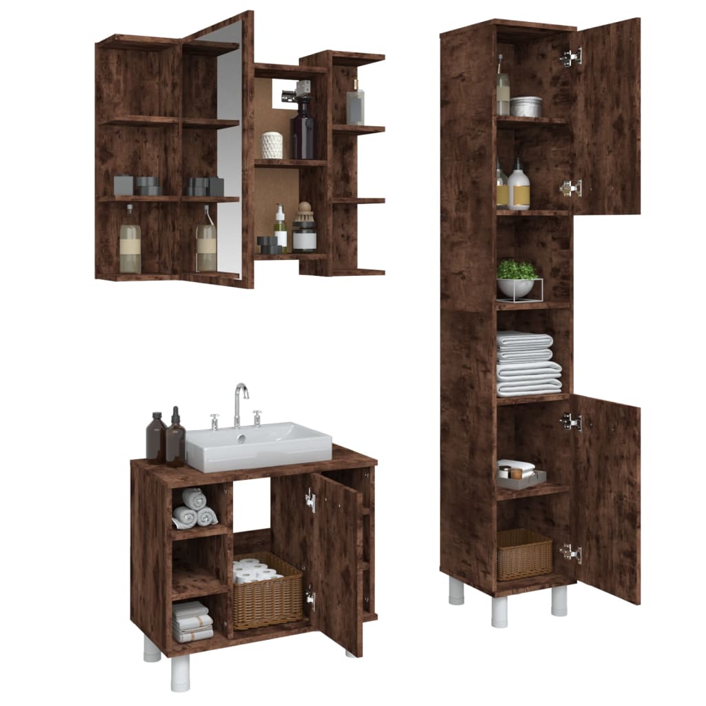 vidaXL 3-tlg. Badmöbel-Set Räuchereiche Holzwerkstoff