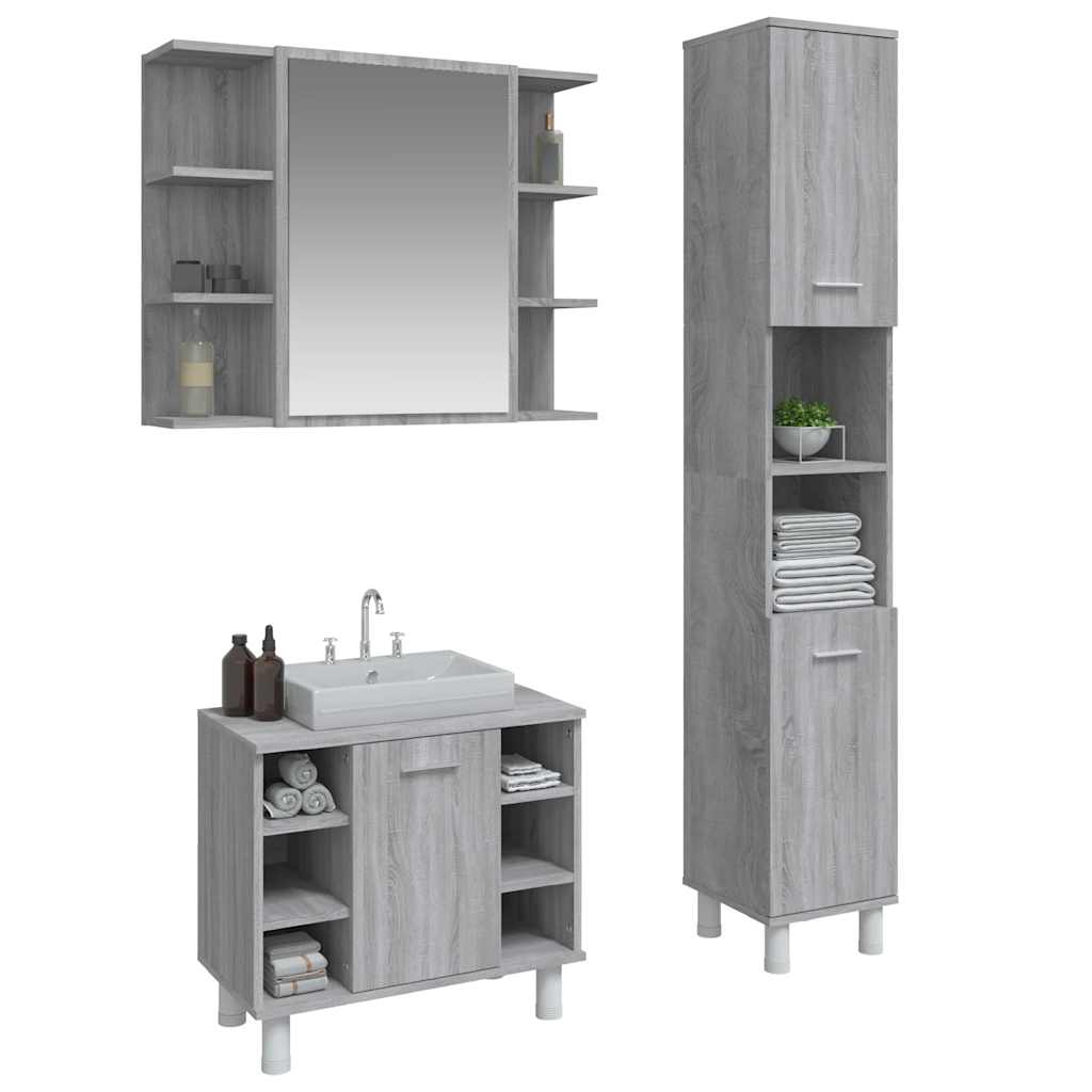 vidaXL 3-tlg. Badmöbel-Set Grau Sonoma Holzwerkstoff