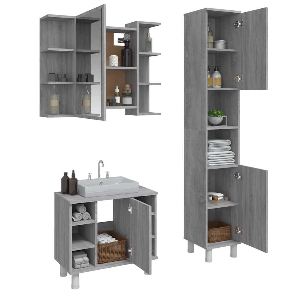 vidaXL 3-tlg. Badmöbel-Set Grau Sonoma Holzwerkstoff