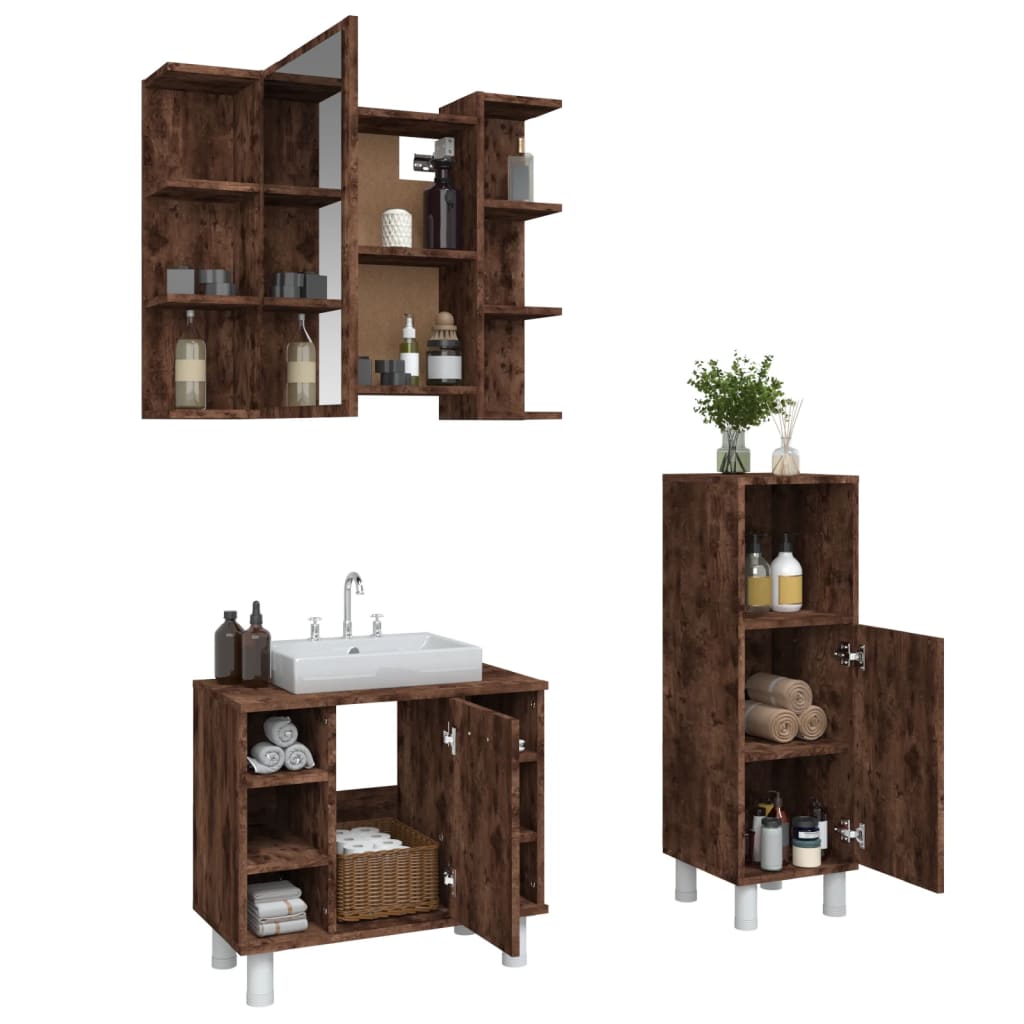 vidaXL 3-tlg. Badmöbel-Set Räuchereiche Holzwerkstoff