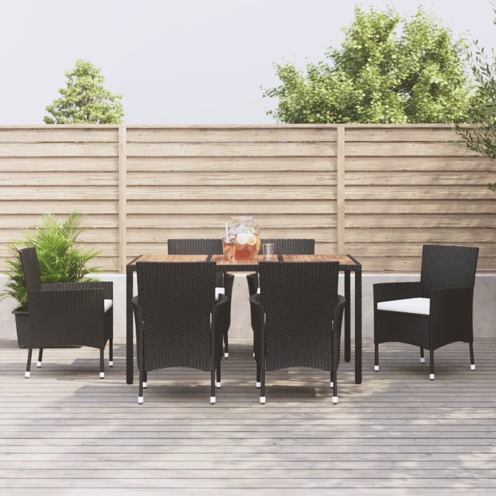 vidaXL 7-tlg. Garten-Essgruppe mit Kissen Schwarz Poly Rattan