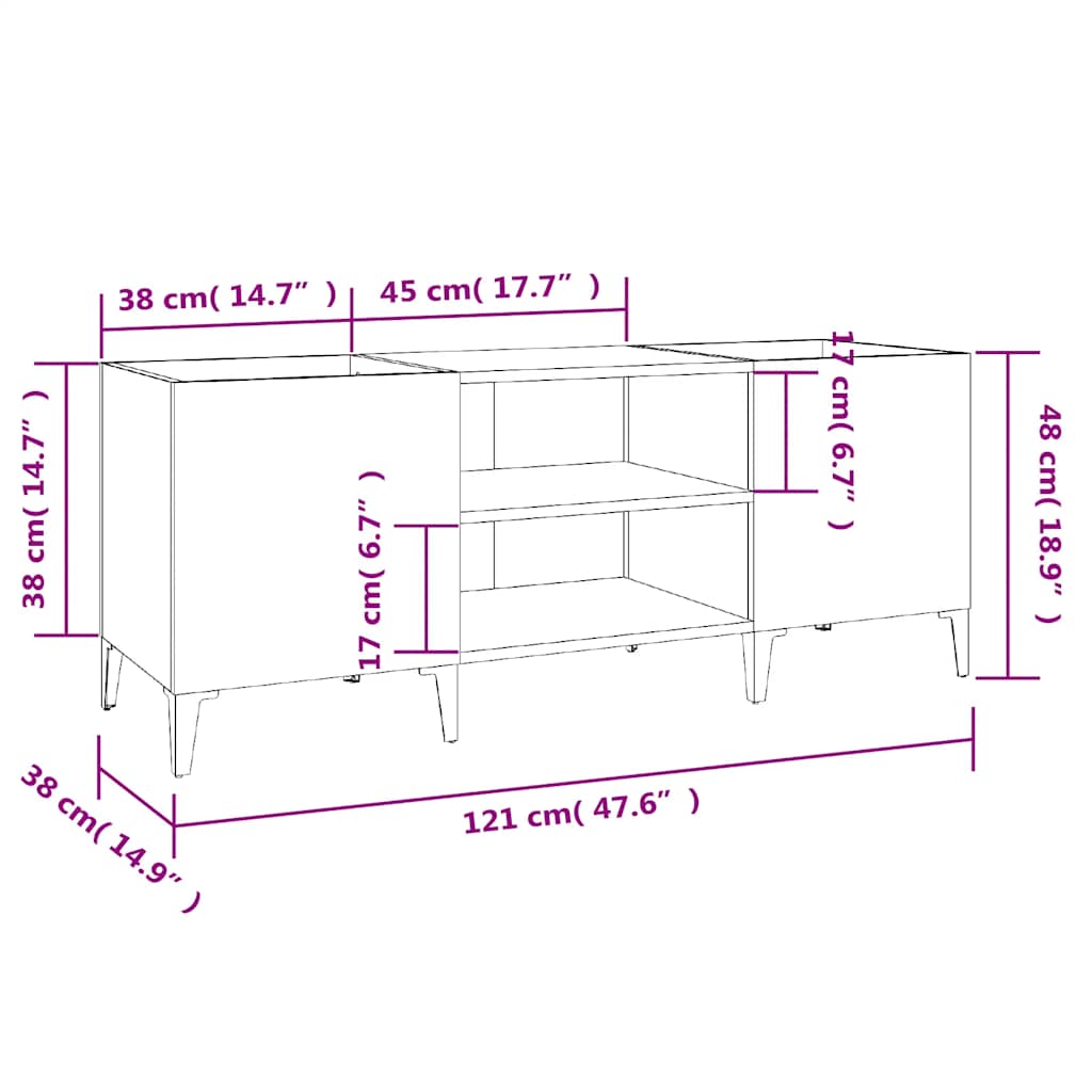 vidaXL Plattenschrank Grau Sonoma 121x38x48 cm Holzwerkstoff
