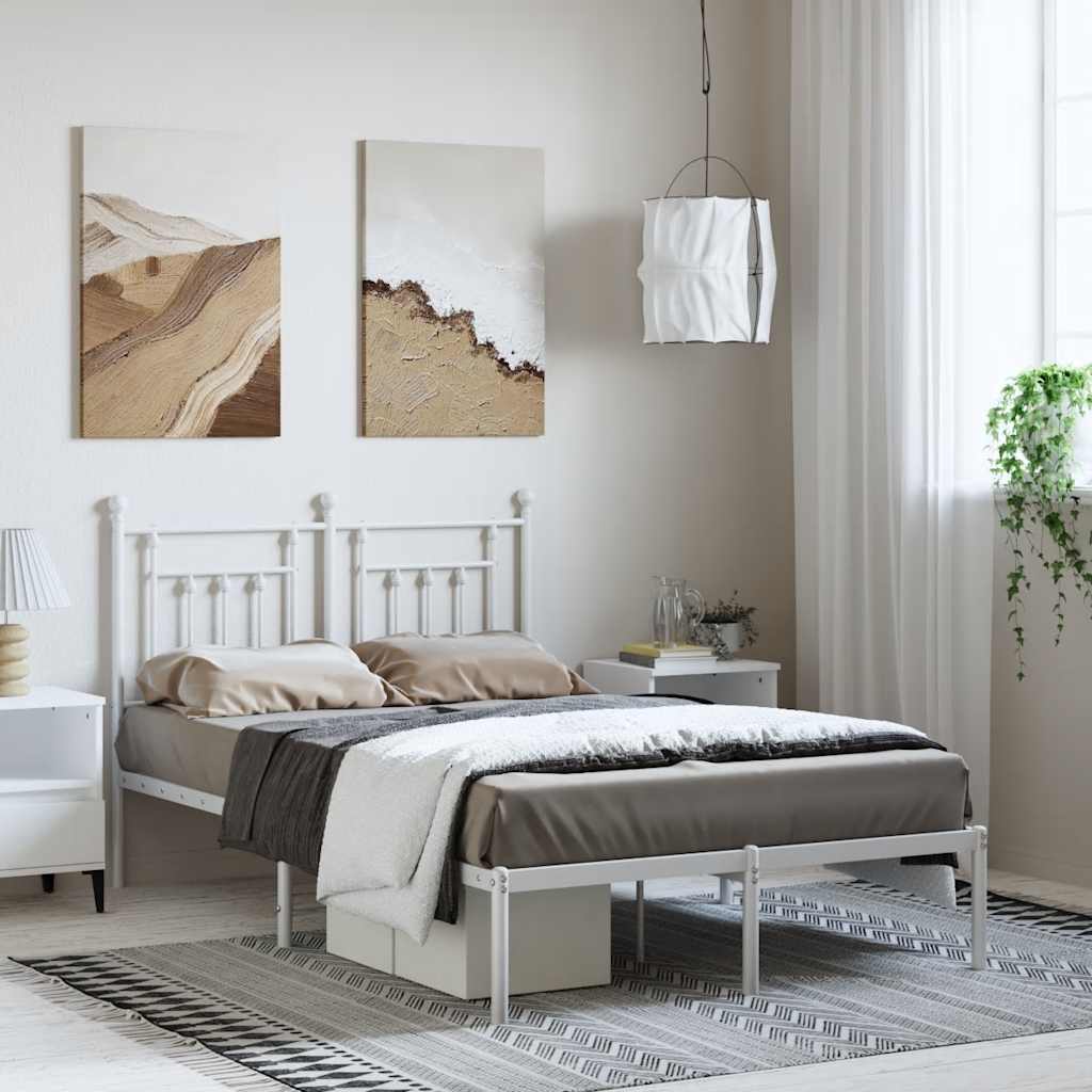 vidaXL Cadre de lit avec tête de lit en métal blanc 135x190 cm