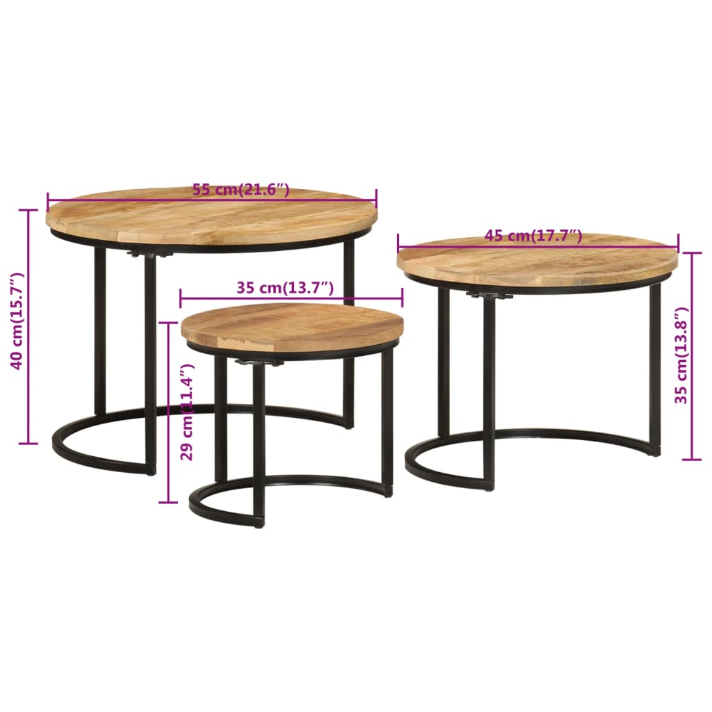 vidaXL Tables gigognes 3 pcs Bois de manguier massif brut