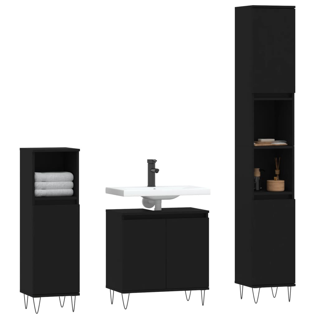 vidaXL 3-tlg. Badmöbel-Set Schwarz Holzwerkstoff