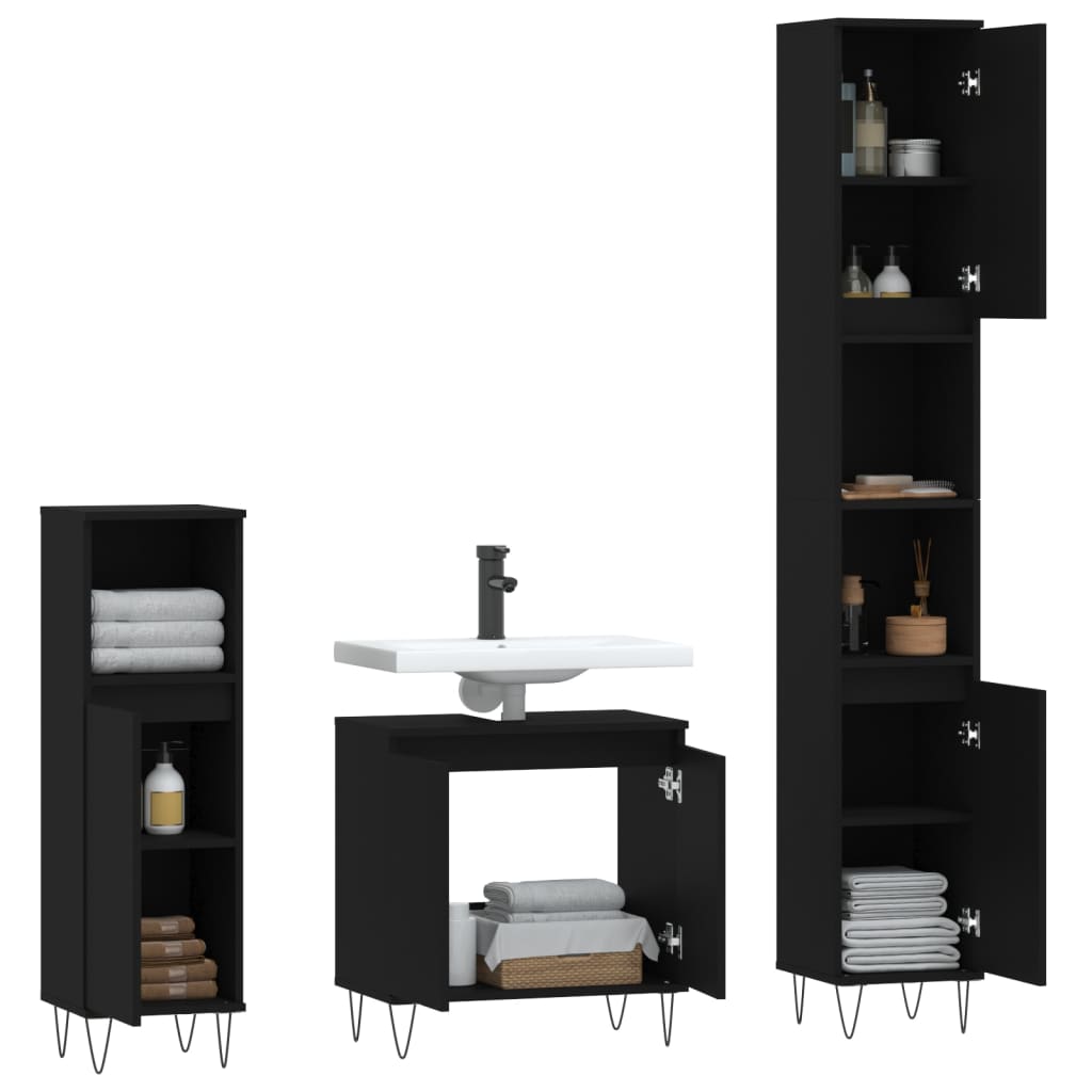 vidaXL 3-tlg. Badmöbel-Set Schwarz Holzwerkstoff