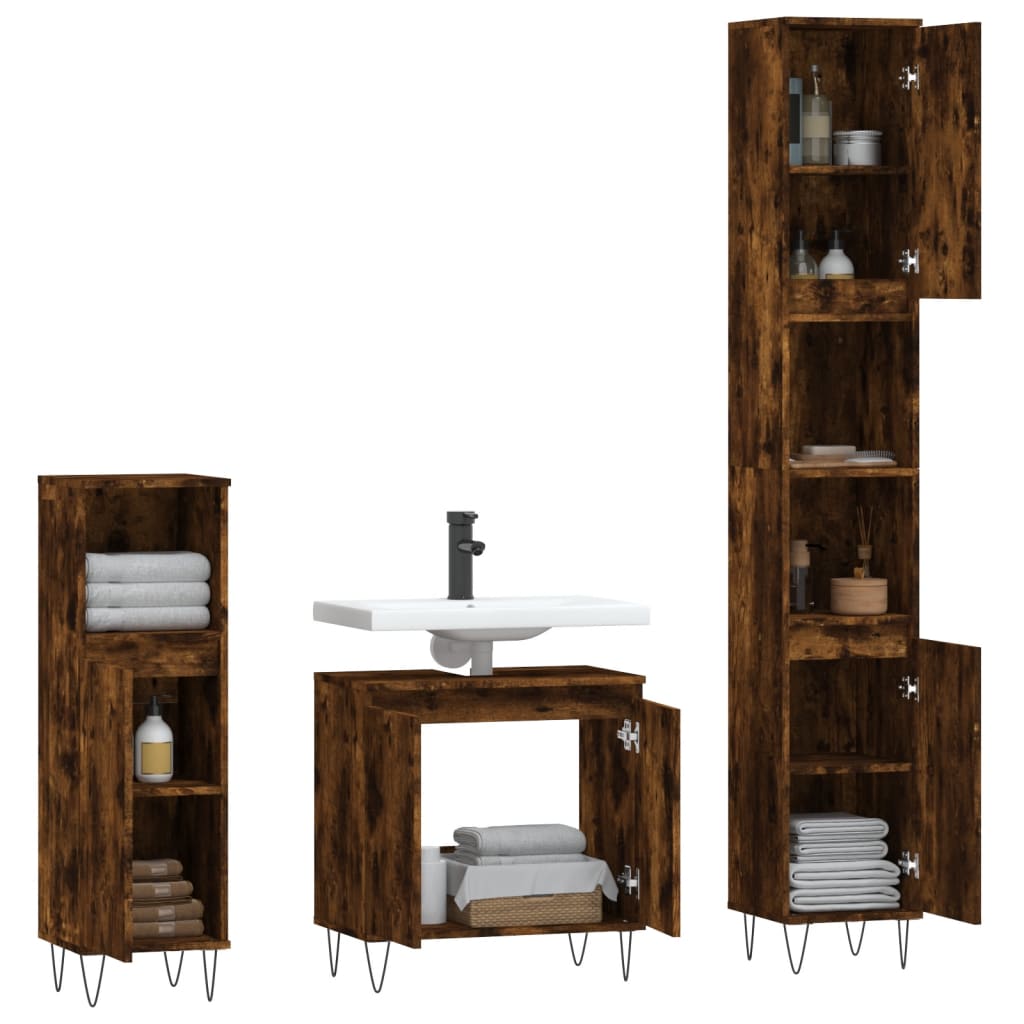 vidaXL 3-tlg. Badmöbel-Set Räuchereiche Holzwerkstoff