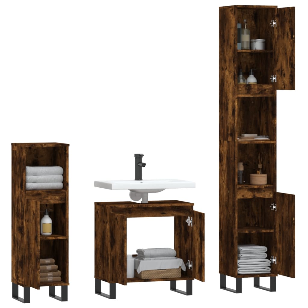 vidaXL 3-tlg. Badmöbel-Set Räuchereiche Holzwerkstoff