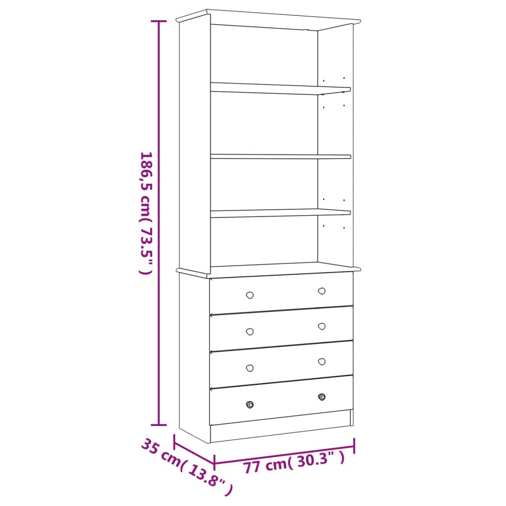 vidaXL Bücherregal mit Schubladen ALTA Weiß 77x35x186,5 cm Kiefernholz