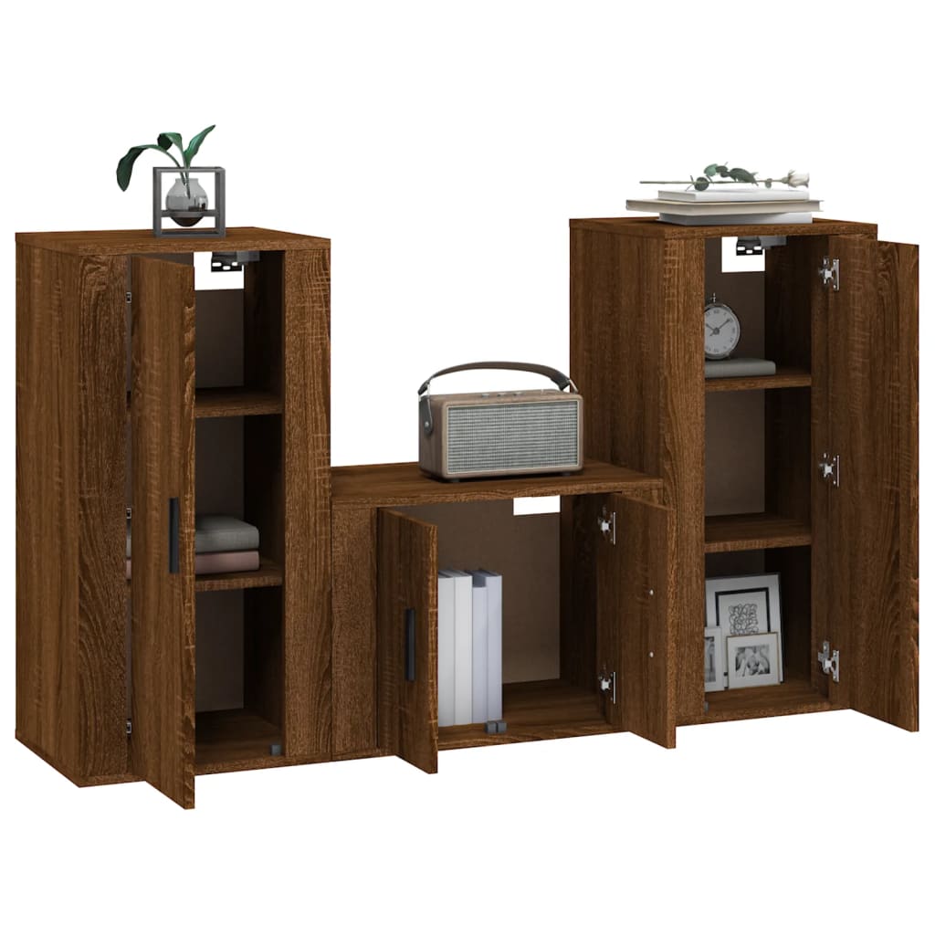 vidaXL 3-tlg. TV-Schrank-Set Braun Eichen-Optik Holzwerkstoff