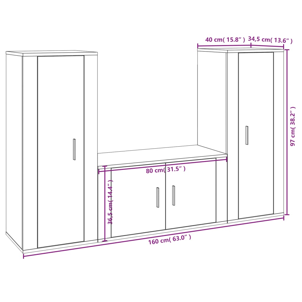vidaXL 3-tlg. TV-Schrank-Set Betongrau Holzwerkstoff