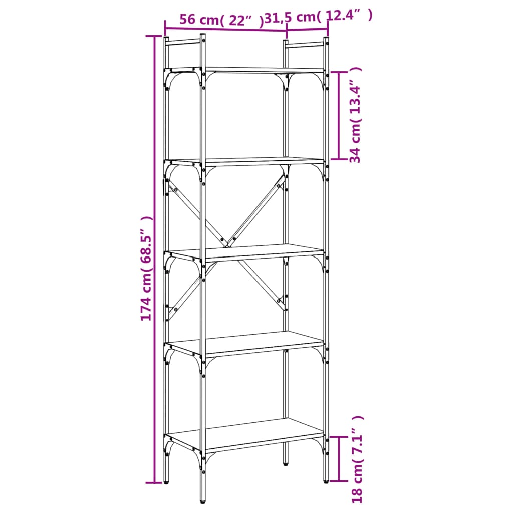 vidaXL Bücherregal 5 Fächer Grau Sonoma 56x31,5x174 cm Holzwerkstoff