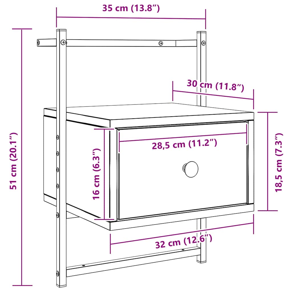 vidaXL Wand-Nachttische 2 Stk. Braun Eiche 35x30x51 cm Holzwerkstoff