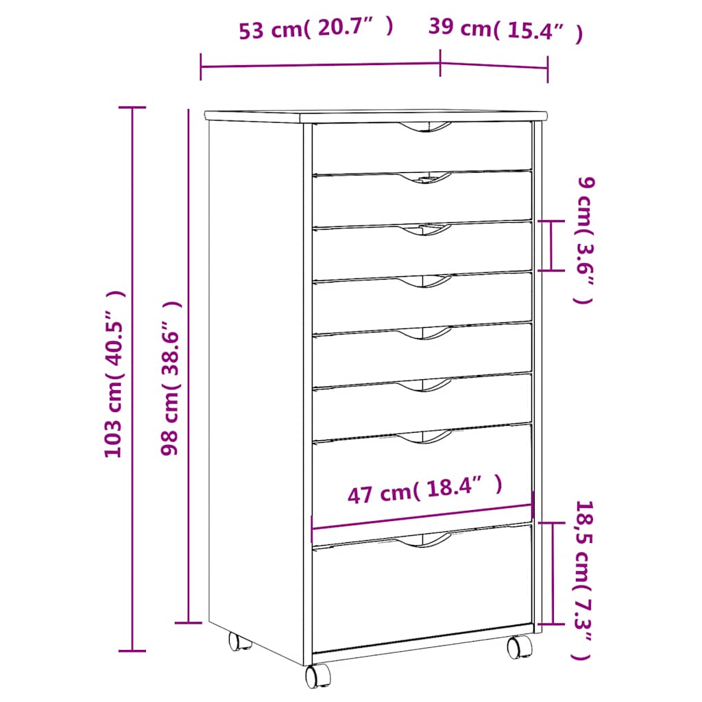 vidaXL Meuble de rangement à roulettes avec tiroirs MOSS Marron Miel Bois de pin massif