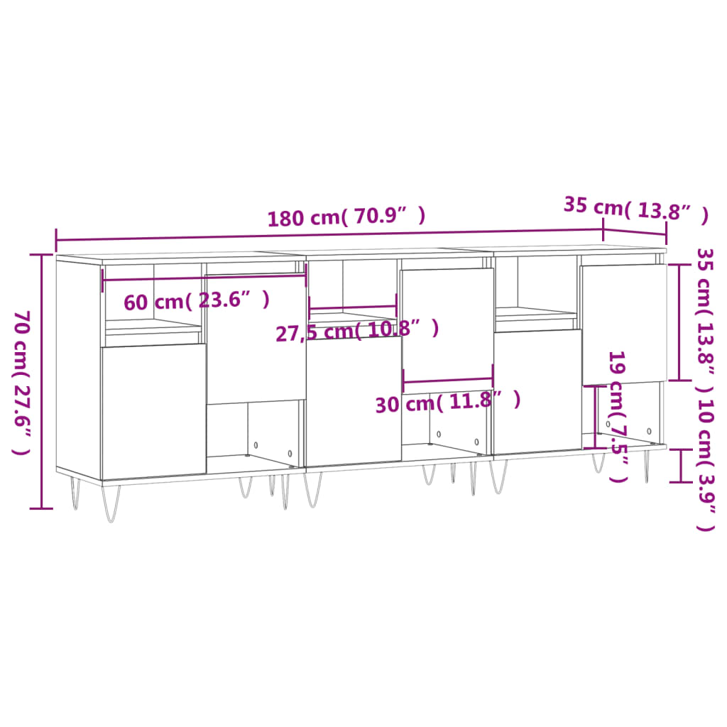 vidaXL Sideboards 3 Stk. Räuchereiche Holzwerkstoff