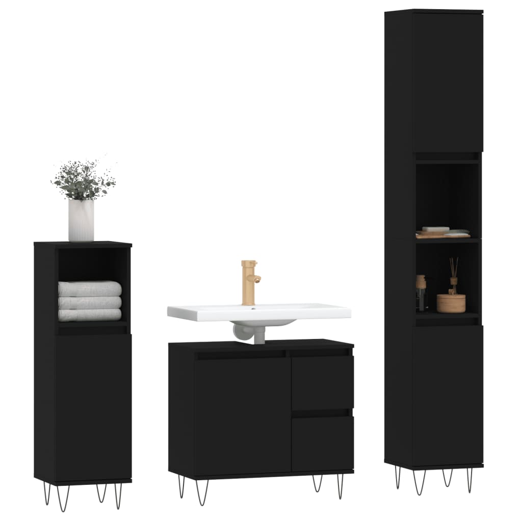 vidaXL 3-tlg. Badmöbel-Set Schwarz Holzwerkstoff