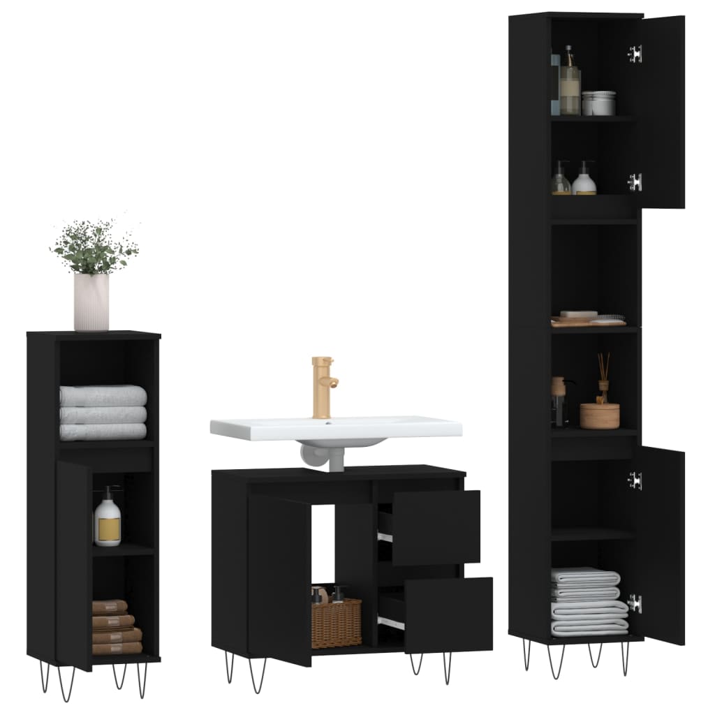 vidaXL 3-tlg. Badmöbel-Set Schwarz Holzwerkstoff