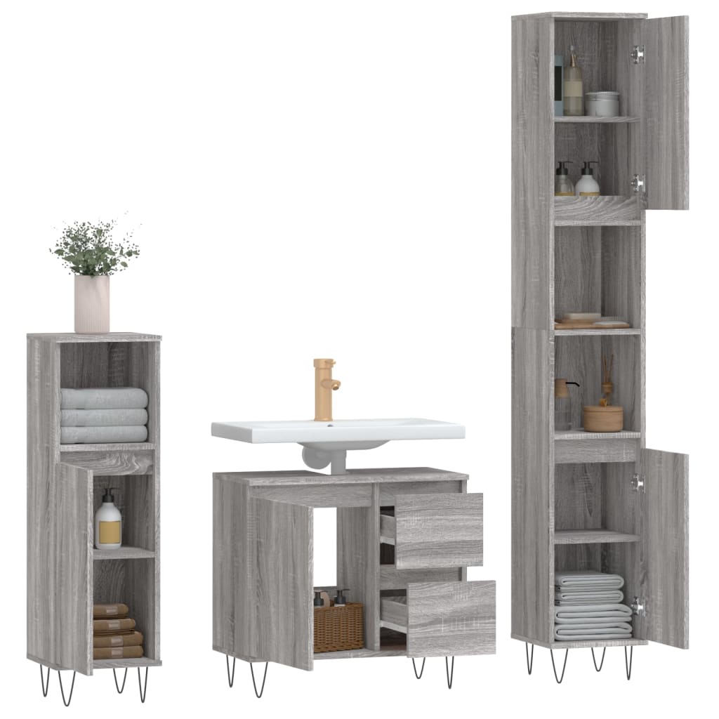 vidaXL 3-tlg. Badmöbel-Set Grau Sonoma Holzwerkstoff