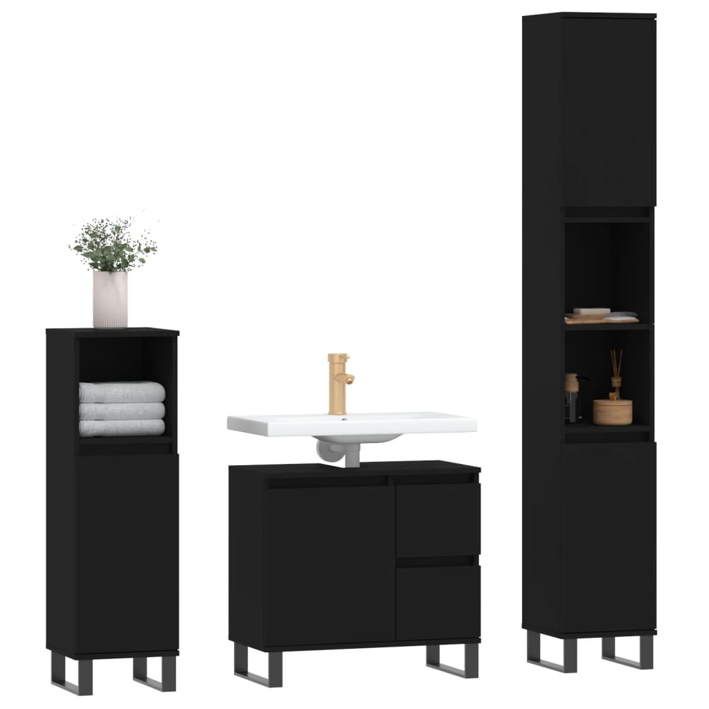 vidaXL 3-tlg. Badmöbel-Set Schwarz Holzwerkstoff
