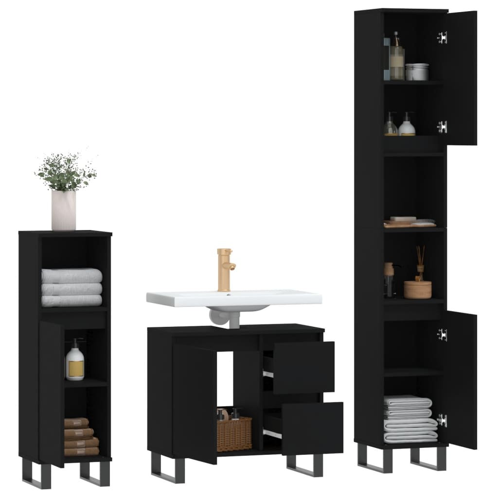 vidaXL 3-tlg. Badmöbel-Set Schwarz Holzwerkstoff
