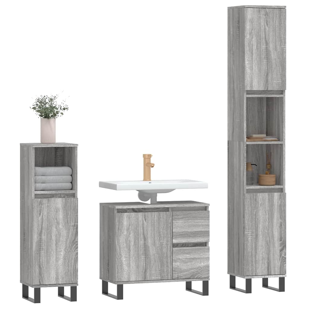 vidaXL 3-tlg. Badmöbel-Set Grau Sonoma Holzwerkstoff