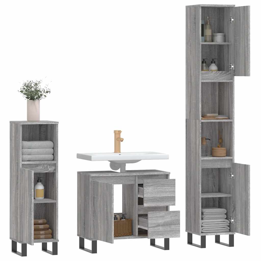 vidaXL 3-tlg. Badmöbel-Set Grau Sonoma Holzwerkstoff
