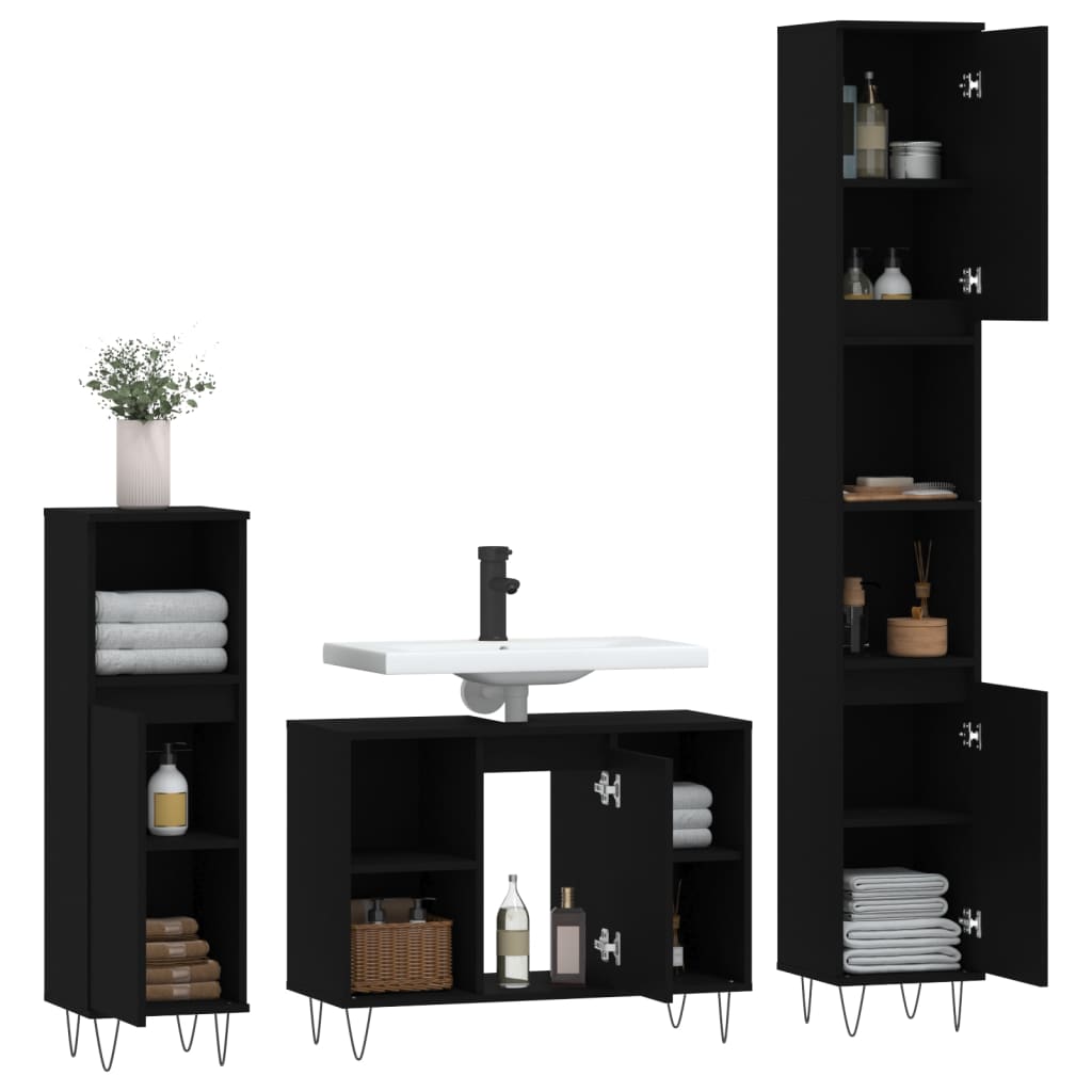 vidaXL 3-tlg. Badmöbel-Set Schwarz Holzwerkstoff